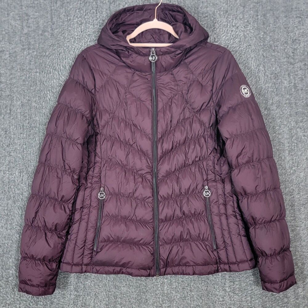 Michael Kors Packable Down Fill Puffer Jacket Womens M Purple Hooded Quilted
